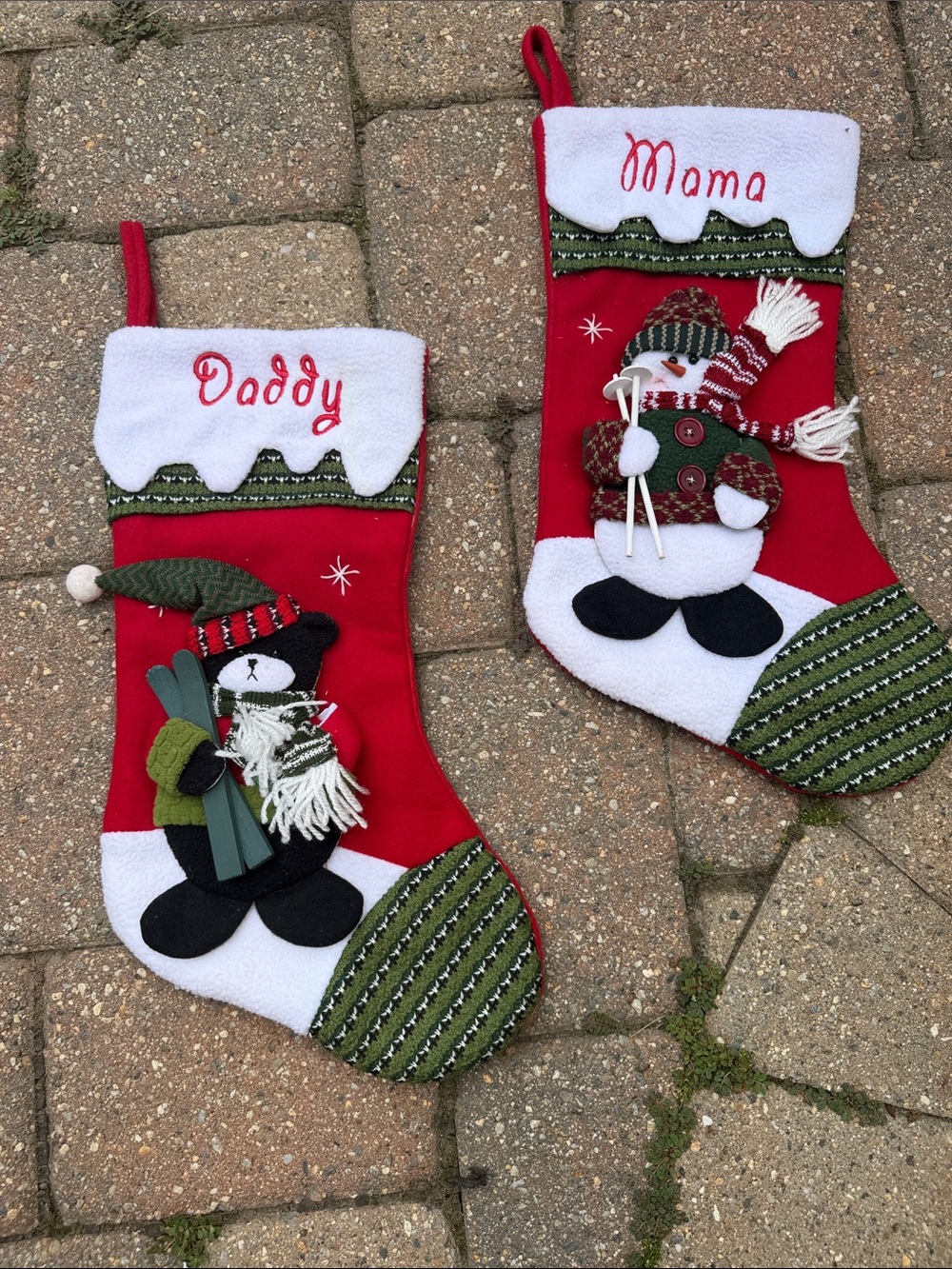 Red 3D Holiday Stockings "Daddy" & "Mama" with Snowman and Bear Appliqués